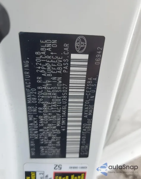 2020 Toyota Camry Se from USA, damaged, VIN 4T1M11AK6LU385027